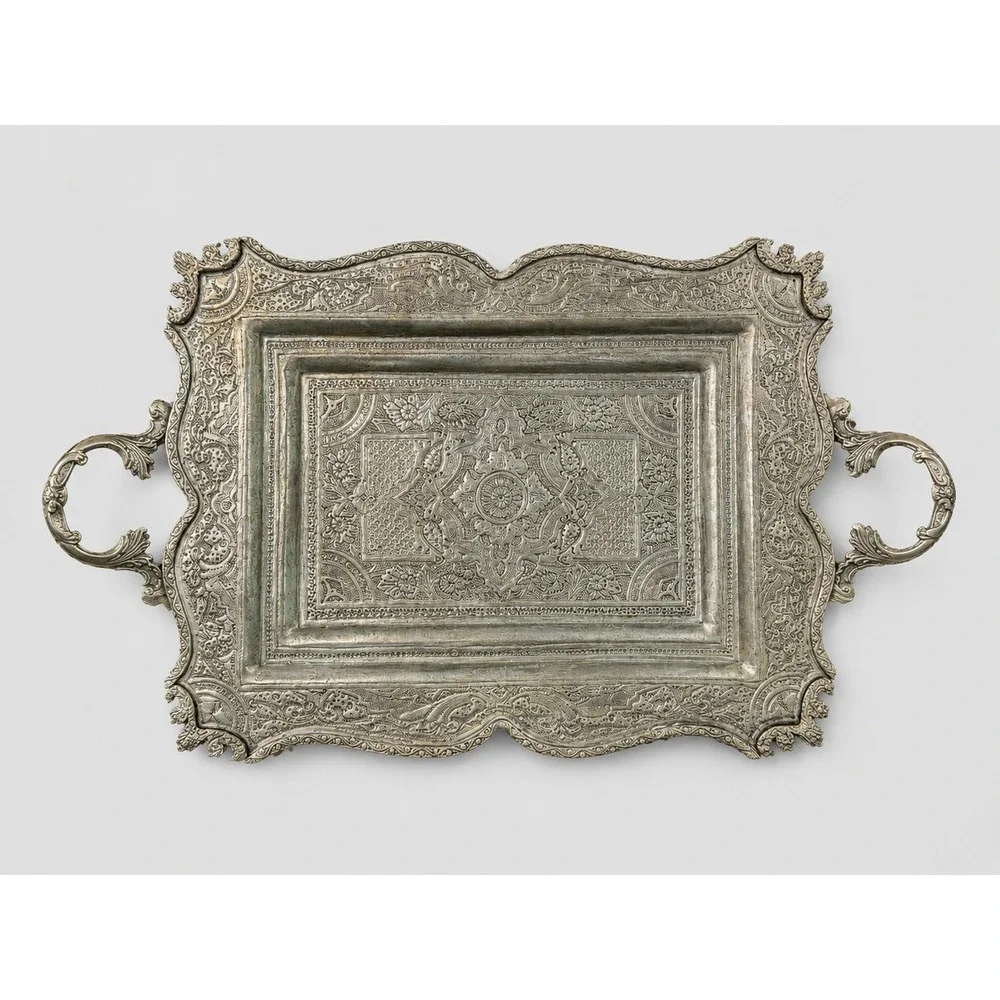 Vintage Ornate Silver Tone Serving Tray Embossed Floral Handles Footed Persian